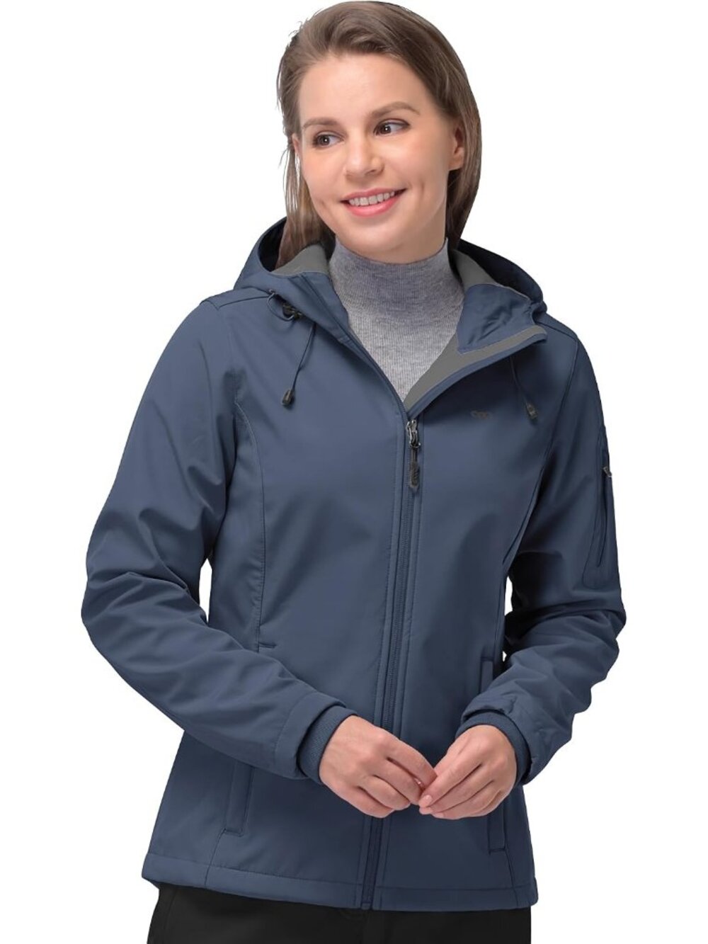 Women Blue Hooded Fleece Lined Softshell Pockets Spring Windbreaker Rain Jacket